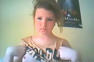 Slim dilettante chick in denim petticoat flashes her tasty scoops