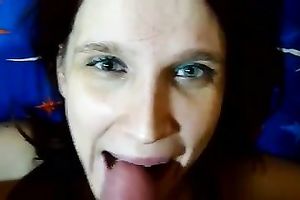 My brunette hair wife feels glad to engulf my weiner in POV video