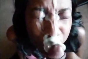 Cute swarthy youthful girlfriend with wet lips acquires facialized hard
