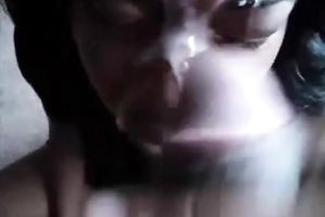 Cute swarthy youthful girlfriend with wet lips acquires facialized hard