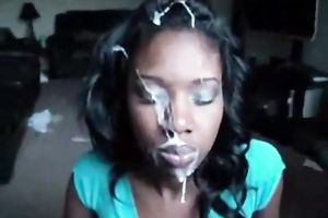 Cute swarthy youthful girlfriend with wet lips acquires facialized hard