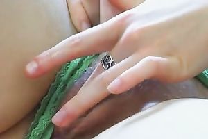 Cute blond nerdy playgirl in her ottoman masturbates in the morning