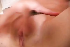 Lusty dark brown babe with miniature love melons rubs her ruined cookie