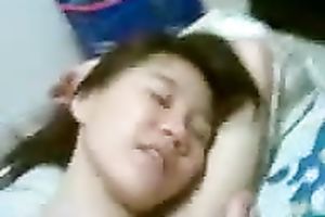 Cute dilettante Asian girlie receives her unshaved bawdy cleft drilled by her BF on livecam