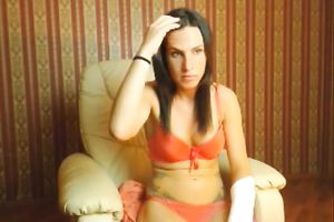 Small tittied chick shoving wet slit with large sex toy in non-professional movie