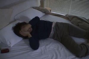 Pale skin brunette hair Japanese legal age teenager wakes up when her boyfriend begins teasing her