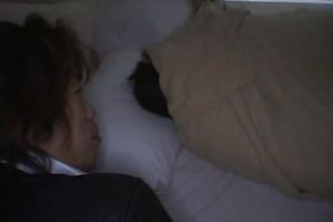 Pale skin brunette hair Japanese legal age teenager wakes up when her boyfriend begins teasing her