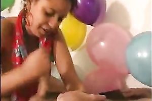 Cute ebon GF jerks me off and sucks my rod on her birthday party