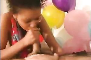 Cute ebon GF jerks me off and sucks my rod on her birthday party