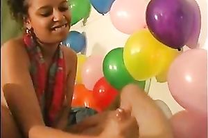 Cute ebon GF jerks me off and sucks my rod on her birthday party