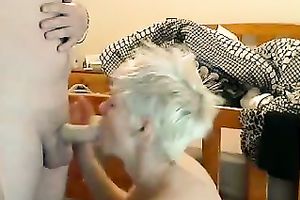 Amateur short haired auburn girlie happily sucked her favourable BF's jock