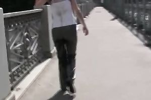 Redhead slut pees in her pants on a bridge in void urine fetish solo