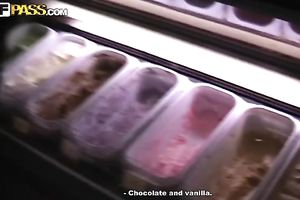 Russian pair Ksenia and Alex walk outside eating ice cock juice