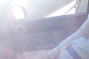 Appealing dilettante gal rubbing her twat with sex toy in a car
