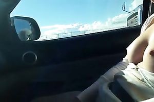 Appealing dilettante gal rubbing her twat with sex toy in a car