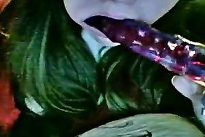 Nerdy non-professional livecam bitch licks a glossy plastic marital-device