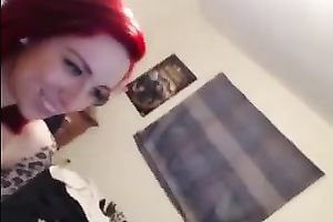 Zealous bright dyed haired redhead was teasing herself with vibe