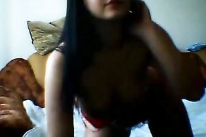 Sweet looking dark brown takes off her brassiere and plays with overweight marangos