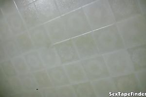 Dude filming his slim brunette hair white hottie in the shower room