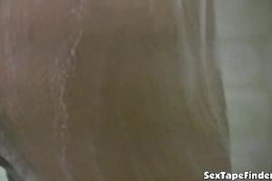 Dude filming his slim brunette hair white hottie in the shower room