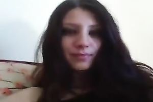 Spectacular brunette hair legal age teenager vixen stretches her hairless vulva