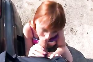 Cute redhead pays repair bill with her throat and pussy