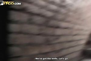 Amateur Russian pair having a walk outdoors on cold day