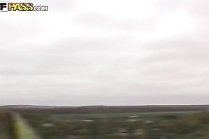 Amateur Russian pair having a walk outdoors on cold day