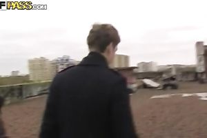 Amateur Russian pair having a walk outdoors on cold day