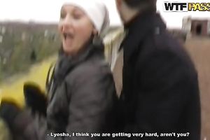 Amateur Russian pair having a walk outdoors on cold day