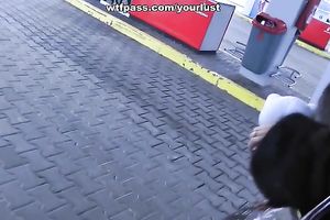 Mind blowing golden-haired hottie pleases a gracious dude with camera in his hands