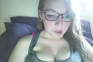 Slutty nerdy serious looking web camera gal bragged of her big boobies