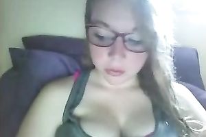 Slutty nerdy serious looking web camera gal bragged of her big boobies