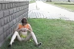 Dirty pale and leggy brunette hair is caught masturbating outdoors
