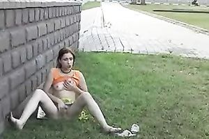 Dirty pale and leggy brunette hair is caught masturbating outdoors