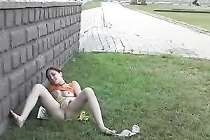 Dirty pale and leggy brunette hair is caught masturbating outdoors