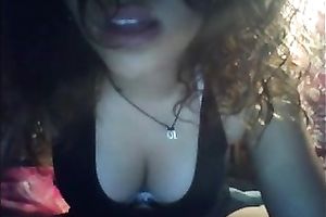 Curly haired cute and hilarious web camera white wife exposed her large boobies