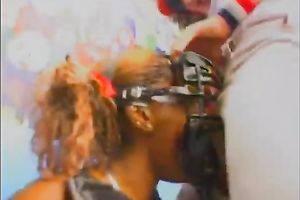 Balck chick Nina takes her friend's big cock in her face hole