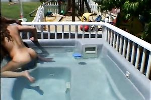 Awesome twat banging at the poolside of sexy and slender swarthy playgirl