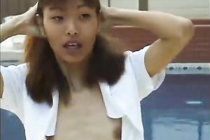 Too slim Japanese floozy demonstrates her unattractive shapes