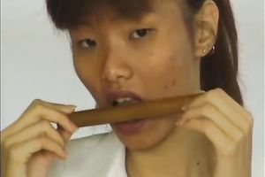 Too slim Japanese floozy demonstrates her unattractive shapes