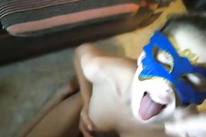 Masked hotwife giving excellent deepthroat oral-job in real dilettante sex video