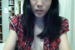Quite nasty slim Asian amateur wife flashes her wobblers on webcam in the library