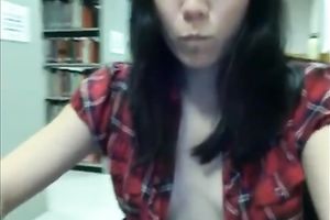 Quite nasty slim Asian amateur wife flashes her wobblers on webcam in the library