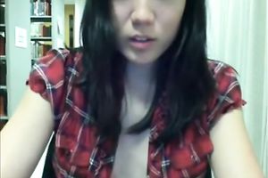 Quite nasty slim Asian amateur wife flashes her wobblers on webcam in the library
