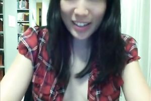 Quite nasty slim Asian amateur wife flashes her wobblers on webcam in the library