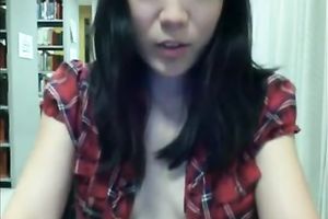 Quite nasty slim Asian amateur wife flashes her wobblers on webcam in the library