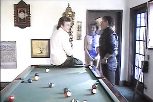 Slutty and kinky blondie chick widens her legs on pool table