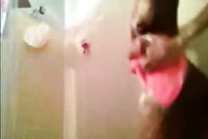Shapely swarthy hoe Foxy takes bubbly shower on Skype