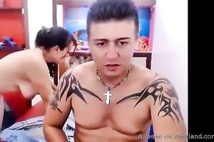 Busty Latina brunette hair greedily blows and jacks off her BF's shlong on web camera